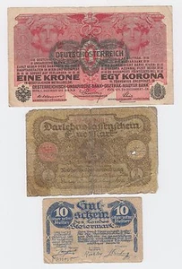 Germany Austria banknotes - 1 Krone 1916 + 10 Heller 1920 + 1 Mark 1920 - 3 PCS  - Picture 1 of 2
