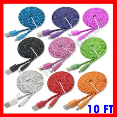 10 FT braided flat Micro USB Fast Charging cable for Android Devices Samsung, LG - Image 1 of 2