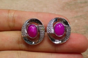 White Gold Plate Pink Lavender JADE Earrings Cabochon Diamond Imitation 322691 - Picture 1 of 6