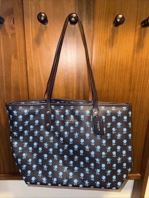 Coach New York Navy Blue Flower Print Tote Bag Women’s Purse - Image 1 of 4