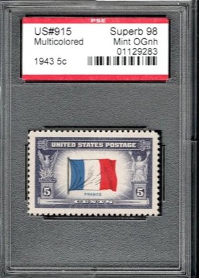 US @ 915 (1943) 5c - PSE Graded = Sup98 Mint OGnh (Encapsulated) France - Image 1 of 2