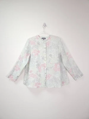 Sahara Shirt Top Medium Off White Geometric Print Relaxed Button Up 100% Linen - Image 1 of 4