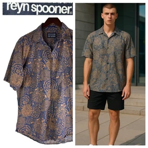 Vtg 80s 90s Reyn Spooner Hawaiian Shirt Button Down Sz Large Tropical Tan Blue 7 - Picture 1 of 5