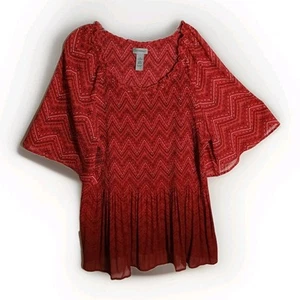 Catherines 2X top Aztec/Chevron Ombres Red Flutter Sleeves Ruched Bodice - Picture 1 of 7