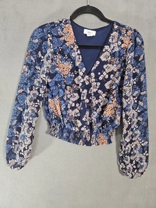 Japna Womens XS Crop Vneck Faux Wrap Floral Shirt Puff Long Sleeve Cottagecore  - Picture 1 of 9