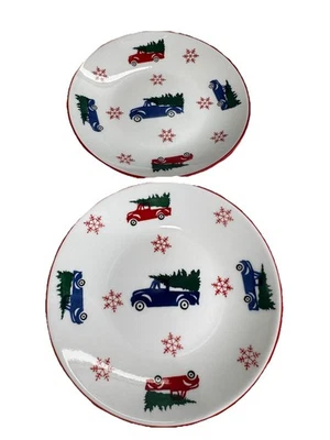 2 platos de postre aperitivo Feliz Navidad con árbol de Navidad y camión azul exclusivos Foto 1 de 4