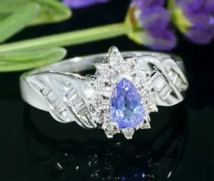 1 carat tw Pear Shape Tanzanite and Natural Diamond Ring Solid White Gold Halo - Picture 1 of 4