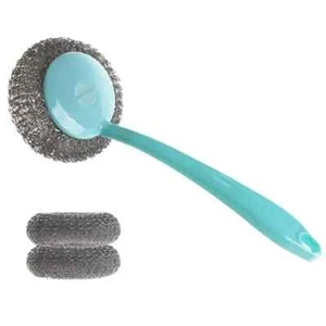 3 Pcs Kitchen Cleaning Stainless Steel Scrubber with Handle and Scouring Pad - Picture 1 of 2