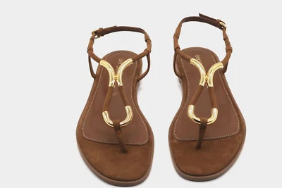 Sergio Rossi Tone Thong Suede Twist Gold Brown Sandals US 6 IT 36 Brand New $595 - Image 1 of 4