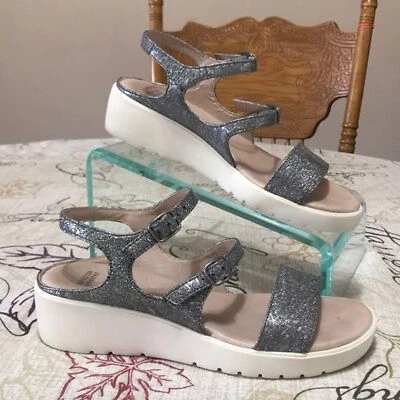 *Johnston & Murphy Sandalias Metálicas Plateadas Cuero Hebilla de Zapato 3 Correas Eslinga Foto 1 de 4