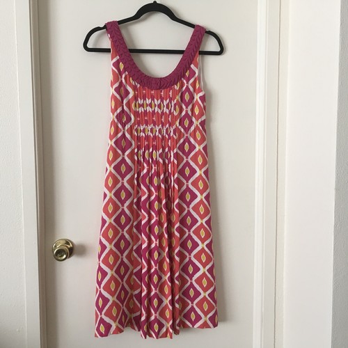 Abito senza maniche TORY BURCH rosa rosso giallo seta collo rotondo taglia 0 completamente foderato