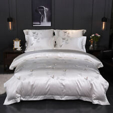 4 Pcs of Silver Luxury Silk Cotton Bedding Set with Chic Embroidery Butterfly