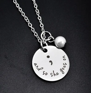 Semicolon Quote Necklace "And So She Goes On" Pearl Silver Long Chain 22" - Picture 1 of 1