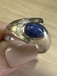 Estate 14k White Gold Cabochon Blue Star Sapphire Ring 7.4 Grams Size 10 - Picture 1 of 9
