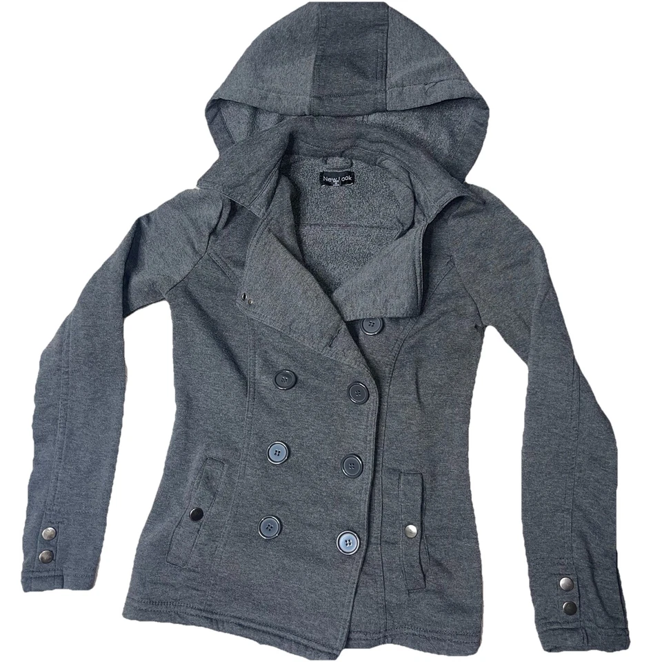 New Look Y2K Double Breasted Hooded Jacket Gray Light Weight Pea Coat Small - Image 1 of 4