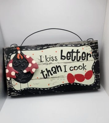 Cracker Barrel Wood Sign "I Kiss Better Than I Cook" Rooster Kitchen Country  - Image 1 of 4