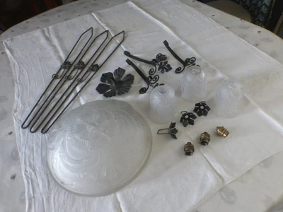 Lustre art deco complet en pate de verre epaisse et fer forgé à remonter - Photo 1/4