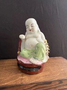 Porcelain Hand Painted Buddah Figure 6 Inches Tall Hand painted White Gold - Picture 1 of 7