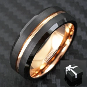 Tungsten Carbide Men's Ring 6mm/8mm Rose Gold Plated Stripe Wedding Band - Picture 1 of 11