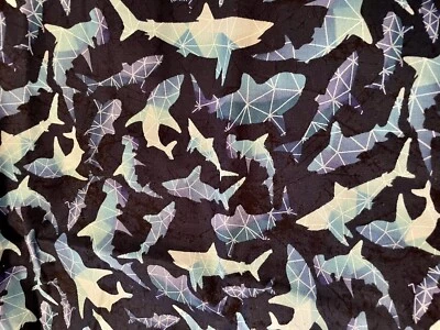 Swimming sharks in dark blue backgroundColorful 100% Cotton FQ - Image 1 of 3