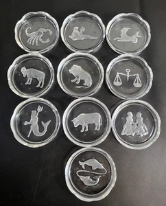 Vintage 10 Zodiac Coasters Val St Lambert Intaglio Glass Crystal Signed Belgium - Picture 1 of 13