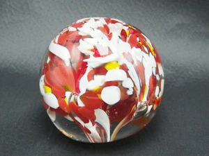 Paperweight red yellow and white swirls Vintage glass 4" ground bottom floral - Picture 1 of 11