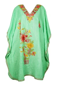 Green Floral Mid Calf Caftan Embroidered Beach Cover Up Loose Kaftan Dress 2XL