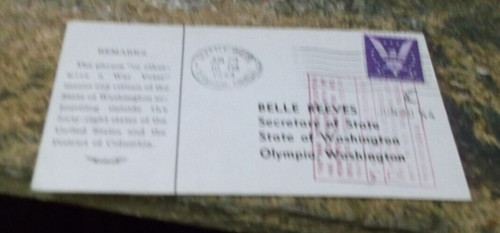 1944 SECRETARY OF STATE, ARMED FORCES ABSENT, CARD TO REQUEST THE VOTE ...