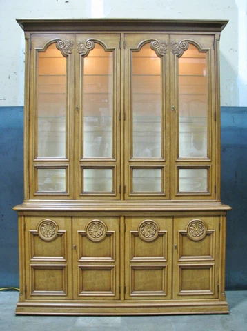 Exceptional Vintage Henredon Fruitwood China Cabinet with Carved Details Cover