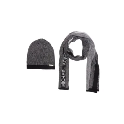 Juego de 2 piezas MICHAEL KORS Negro Zig Zag Plateado Estampado Metálico Silenciador Gorro y Bufanda Foto 1 de 4