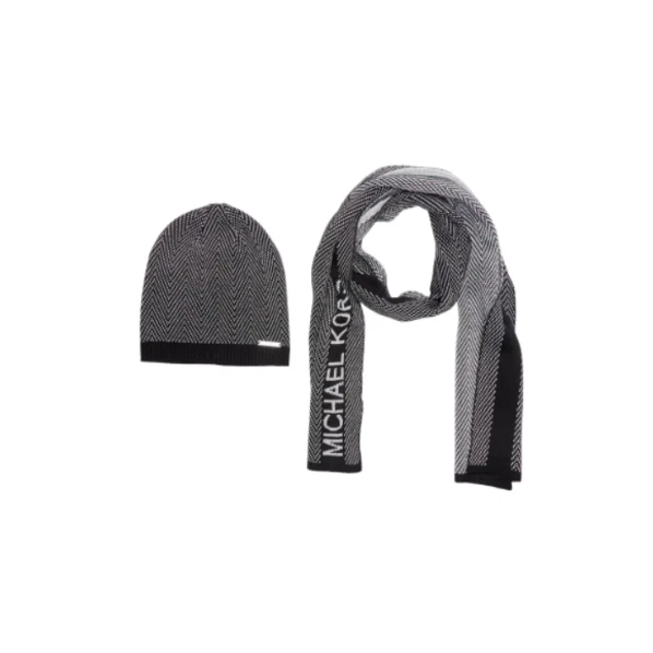 2pc Set MICHAEL KORS Black Zig Zag Silver Metallic Print Muffler Beanie & Scarf - Image 1 of 4