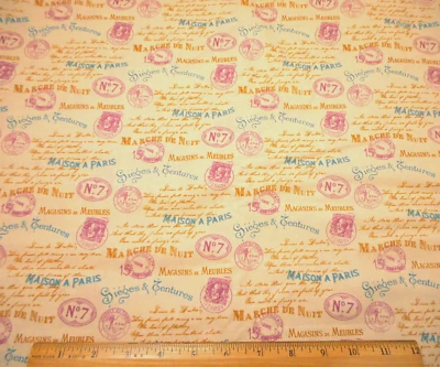  Cotton Fabric By Yard SALE Purple Vintage Stamps Turquoise Brn Paris Beige #PC - Image 1 of 2