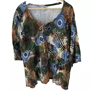 Ulla Popken Top Size 24 26 Relaxed Fit Tie Neck Lined Artsy Print Made in India - Picture 1 of 6