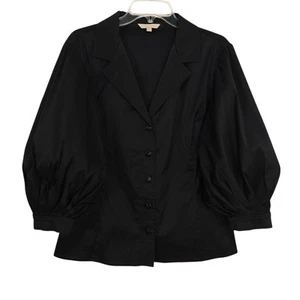 St. John Couture Puff Sleeve Button Front Top Size 12 Black Stretch Blouse - Picture 1 of 7