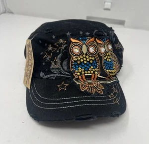 LEADER Rhinestone OWL Cap Women Khaki Distressed Black Castro Mom Hat - Picture 1 of 5