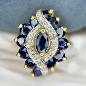 14k Yellow Gold Natural Marquise Blue Sapphire Round Diamond Cocktail Ring - Picture 1 of 7