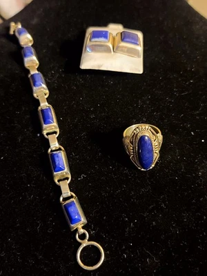 👑�Lapis Lazuli👑�Sterling 银色手链/戒指/耳环套装!!️很好!!️ — 第 1/4 张图片