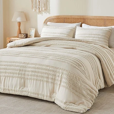 Boho King Size Comforter Set - Beige Tufted Striped Bed Set 3 Pieces, Soft Vi... - Image 1 of 4