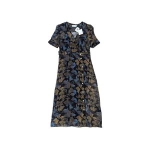 Coach Printed Long Chiffon V Neck Dress Silk Midi Short Sleeve Womens 0 Party - Picture 1 of 4