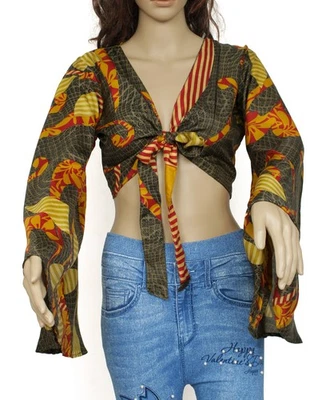 Sushila Vintage Bohemian Bell Sleeve Recycled Silk Saree Top 70,s Retro Green - Image 1 of 4