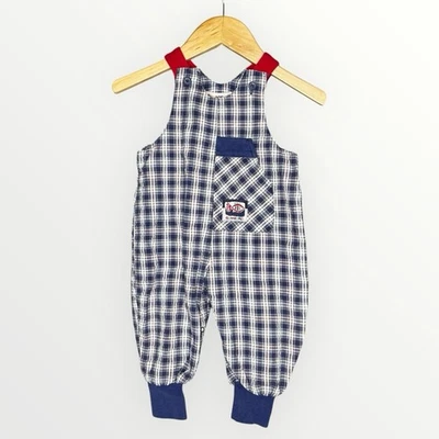 Gymboree 复古彩虹标签 90 年代蓝色格子泡泡纱连衫裤男孩婴儿 3-6 M — 第 1/4 张图片