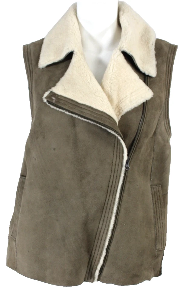 Chaleco Bandolera VINCE Gris Oliva Gamuza Piel de Oveja- Cremallera Solapa L Foto 1 de 4