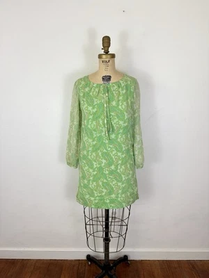 Vintage 1960’s Green Psychedelic Mini Gogo Dress Size XS-S Cotton Gauze Paisley - Image 1 of 4
