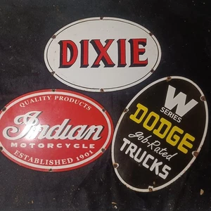 Letrero de porcelana Dixie, INDIAN MOTOCYCLE, DODGE 24 X 16 pulgadas garaje SSP -3 unidades - Imagen 1 de 3