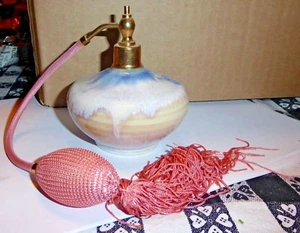Handmade Glazed Pottery Perfume Bottle Blue Pink Beige Brass Signed - Picture 1 of 4