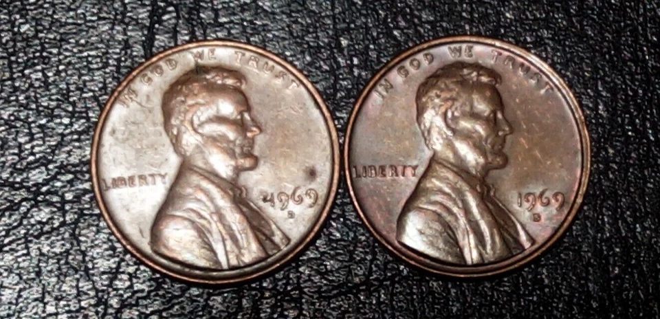2 COIN SET 1969 D Mint Error Copper Penny Lincoln Wheat 1c Cent  - Image 1 of 3
