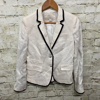 Chaqueta Blazer J Crew Mujer Talla 2 Marfil Negro Borde Lino Forrada Dos Botones Foto 1 de 4