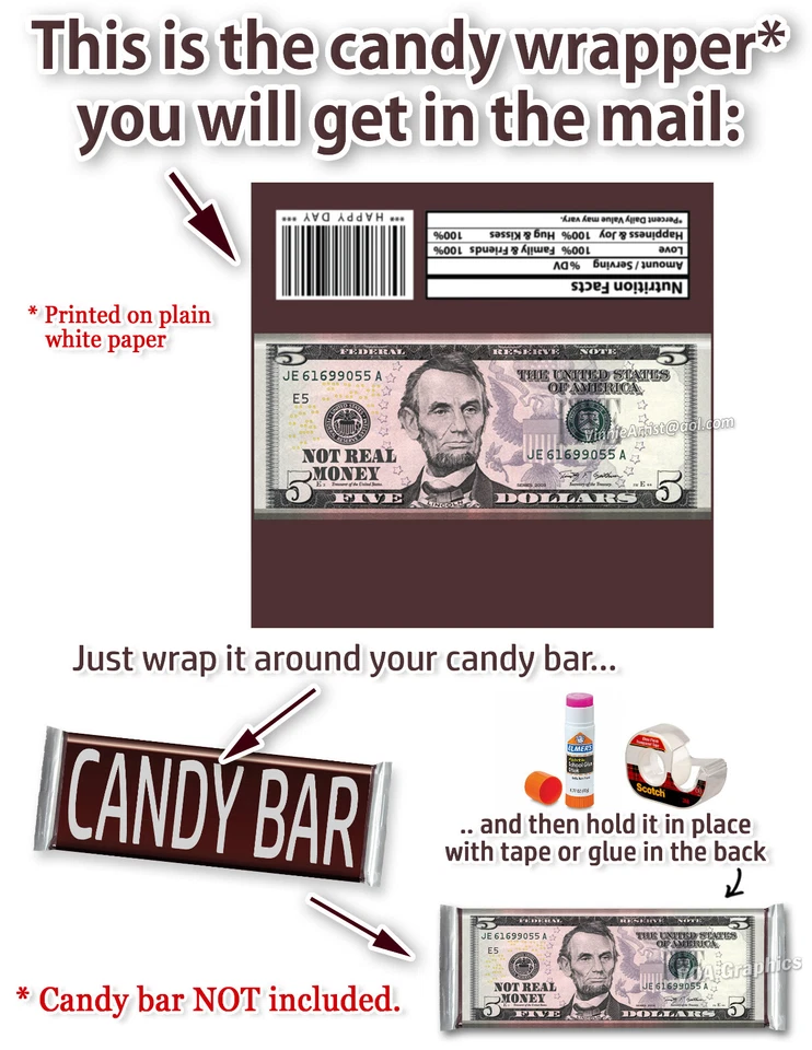 MONEY Candy Bar Wrapper Paper Wrappers for 1.55oz Chocolate Candy Bars Bank Note - Image 1 of 1