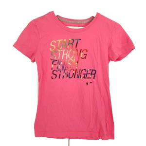 Nike T Shirt Short Sleeve Pink Tee Girls Small Slim Fit Finish Stronger Graphic - Picture 1 of 9