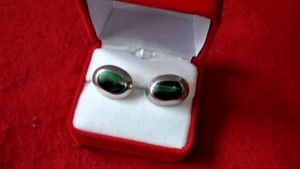 Silver .925 & Malachite Earrings, Handcrafted in Taxco, Mexico; 11.275 grams - Picture 1 of 6